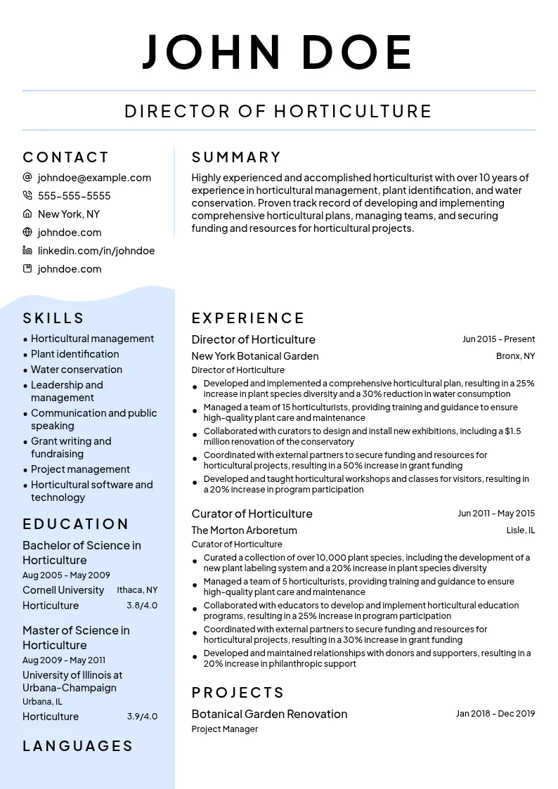 Director of Horticulture resume example