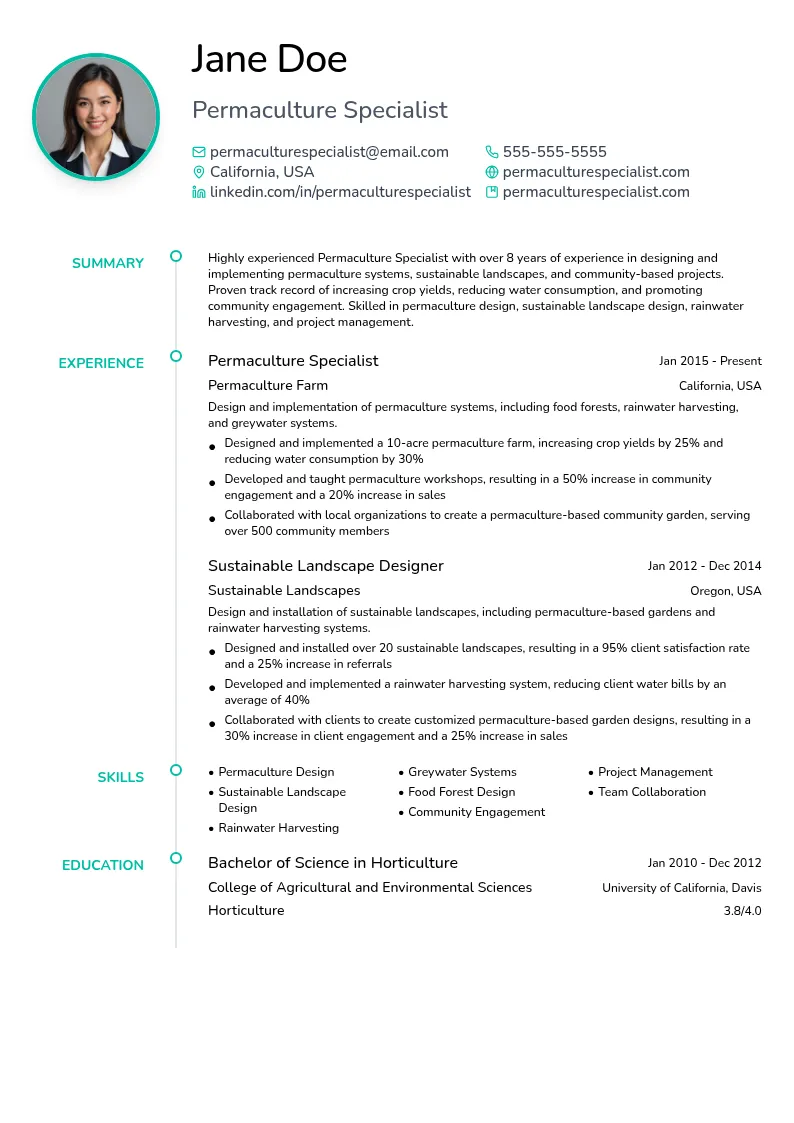 Permaculture Specialist resume example