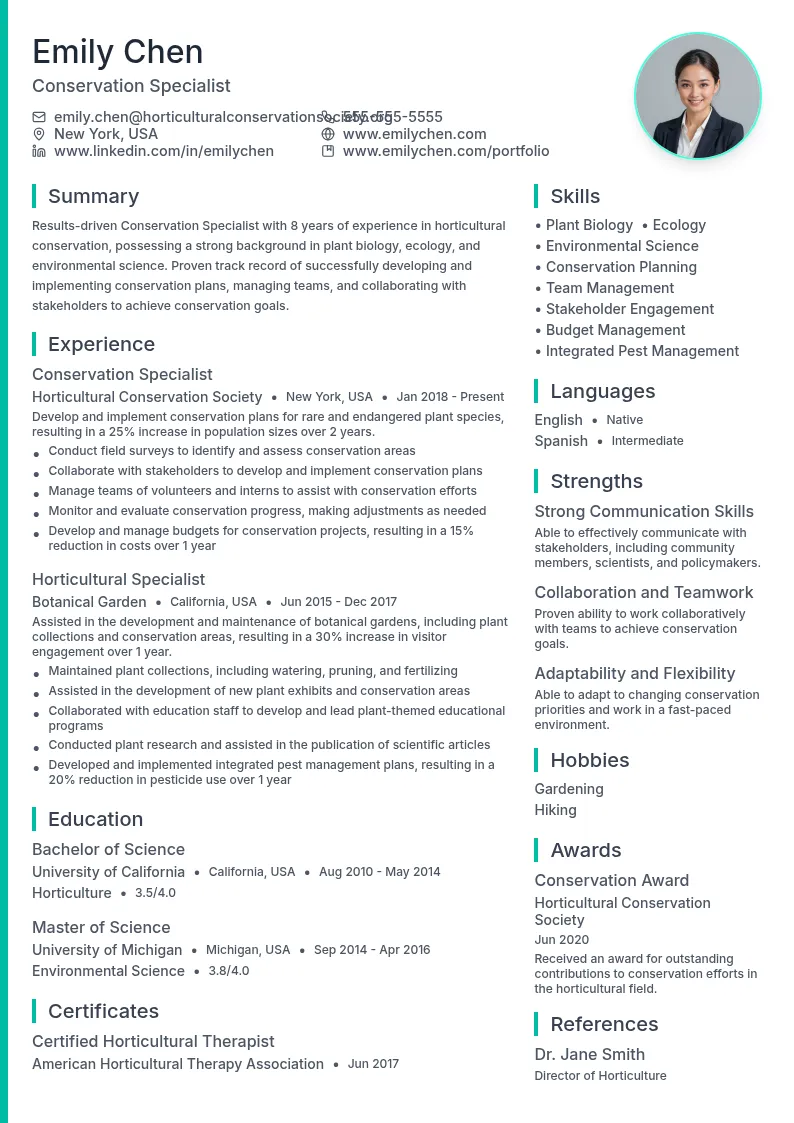 Conservation Specialist resume example