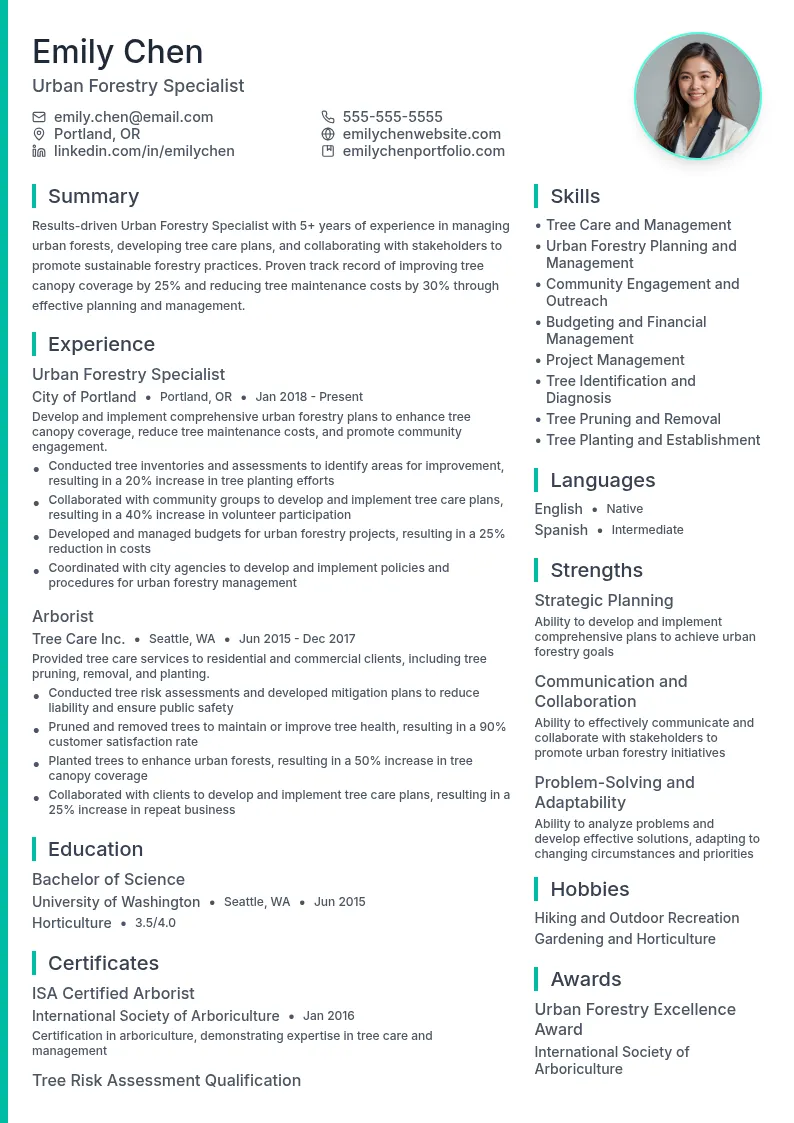 Urban Forestry Specialist resume example