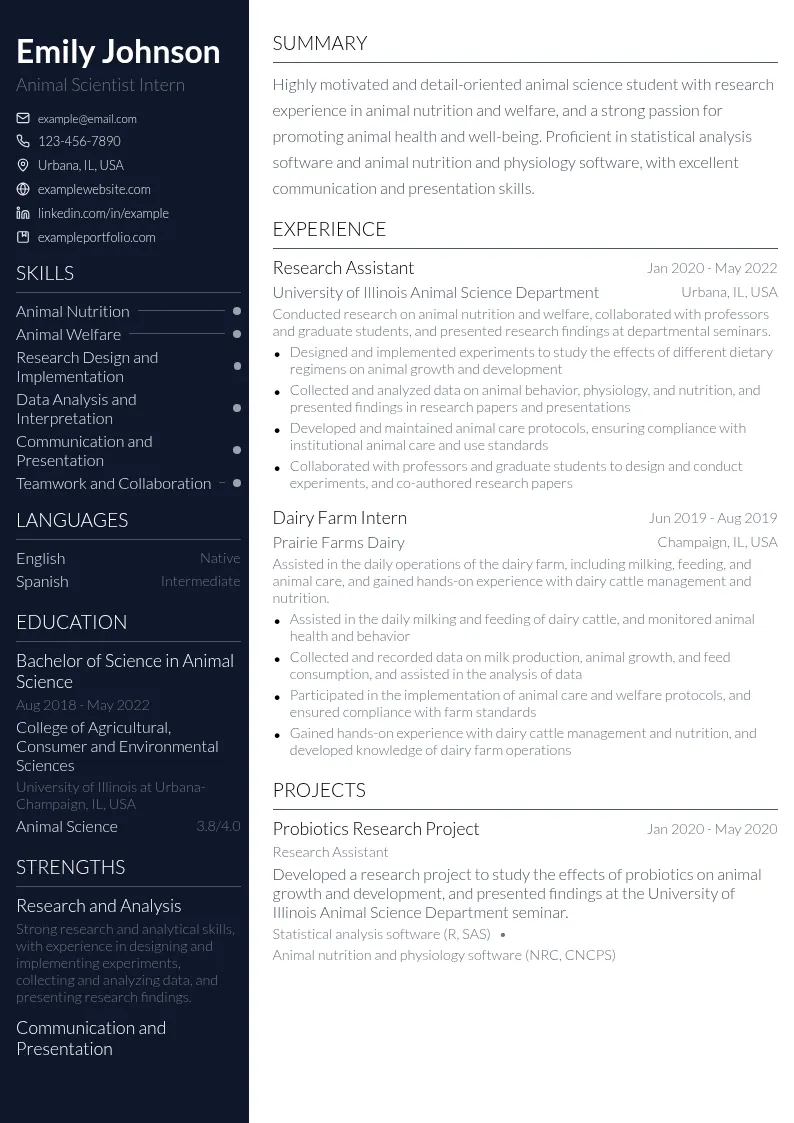 Animal Scientist Intern resume example