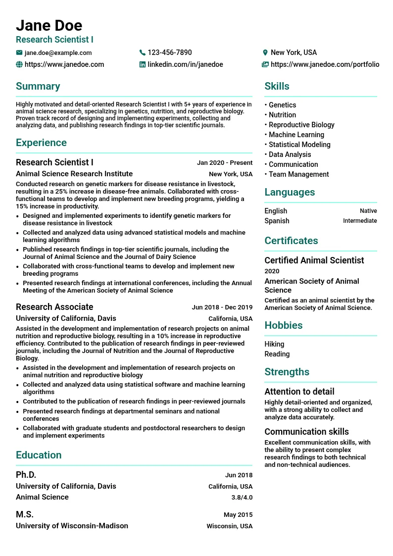 Research Scientist I resume example