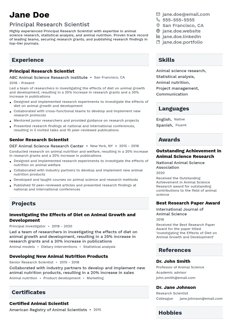 Principal Research Scientist resume example