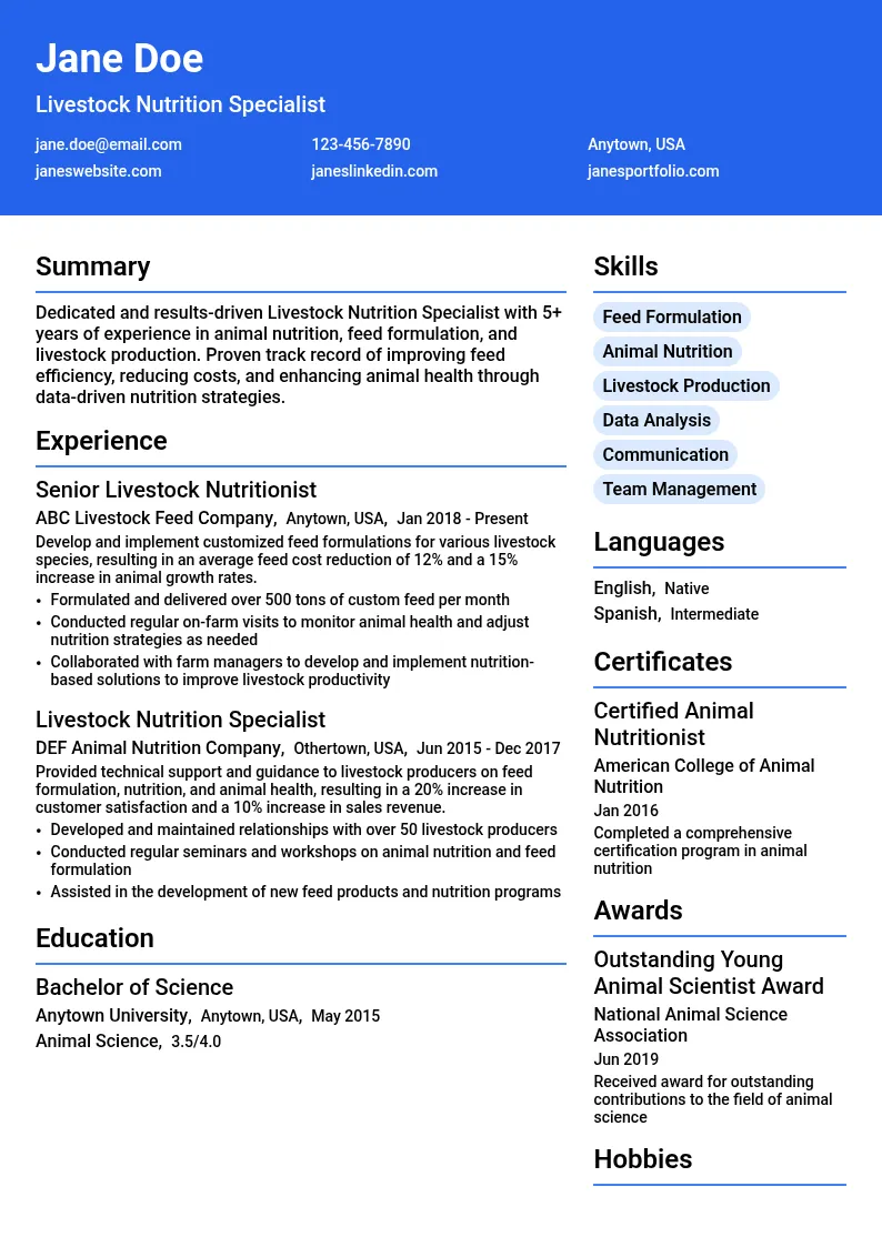 Livestock Nutrition Specialist resume example