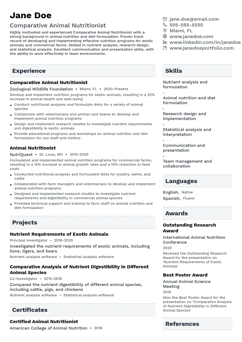 Comparative Animal Nutritionist resume example