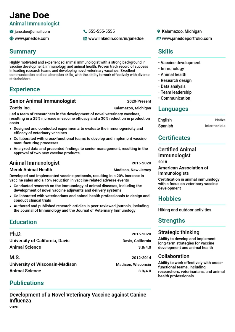 Animal Immunologist resume example