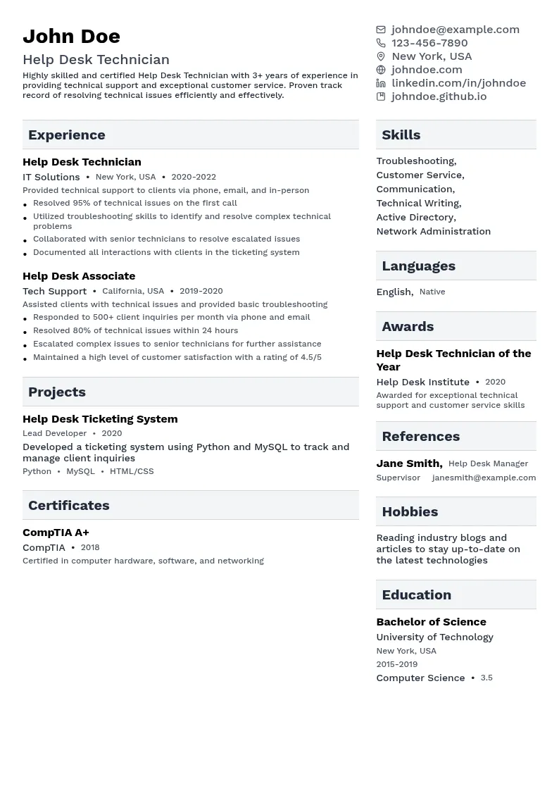 Help Desk Technician, Help Desk Associate resume example