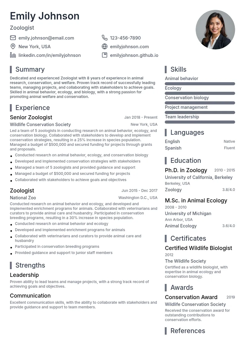 Zoologist resume example