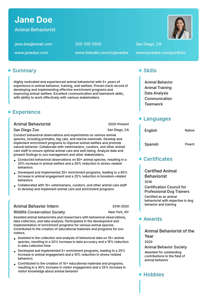 Animal Behaviorist resume example