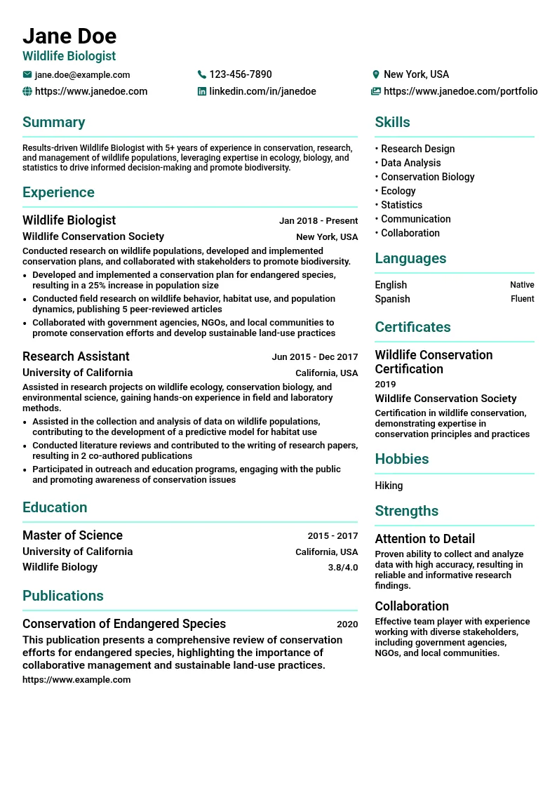 Wildlife Biologist resume example