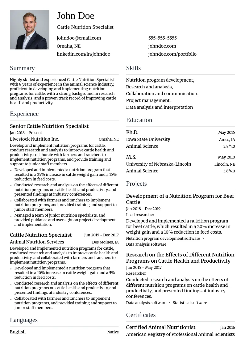Cattle Nutrition Specialist resume example