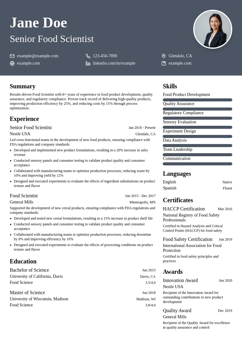 Food Scientist resume example