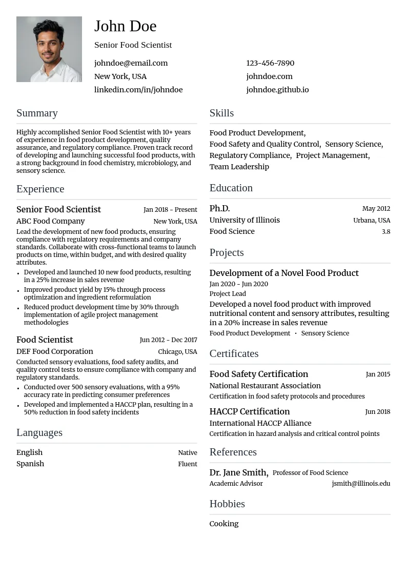 Senior Food Scientist resume example