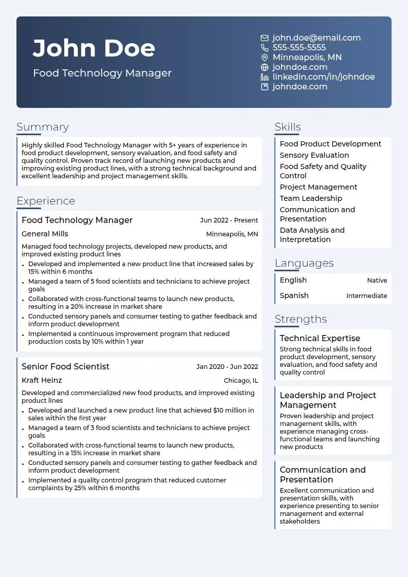 Food Technology Manager resume example