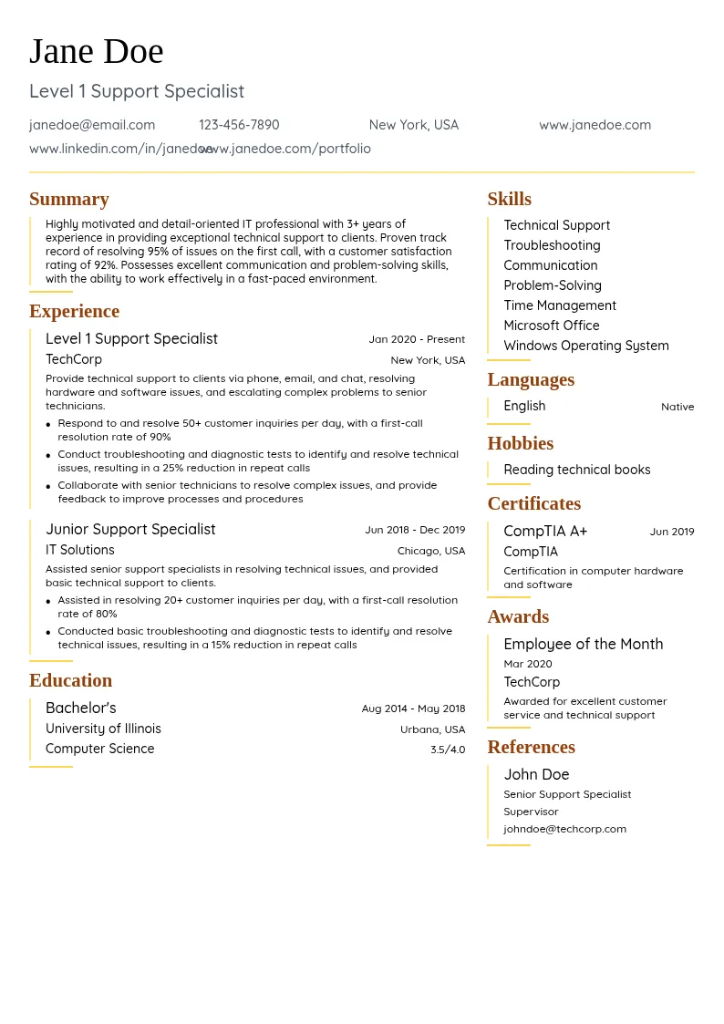 Level 1 Support Specialist resume example