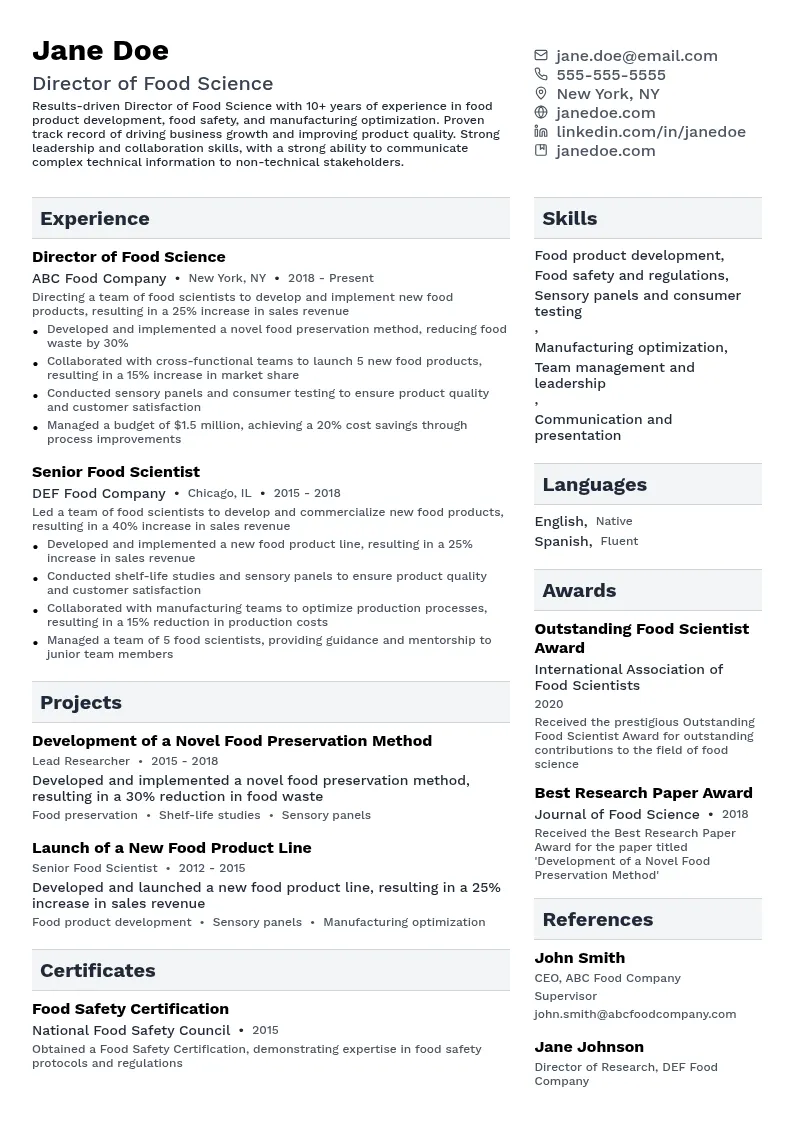Director of Food Science resume example