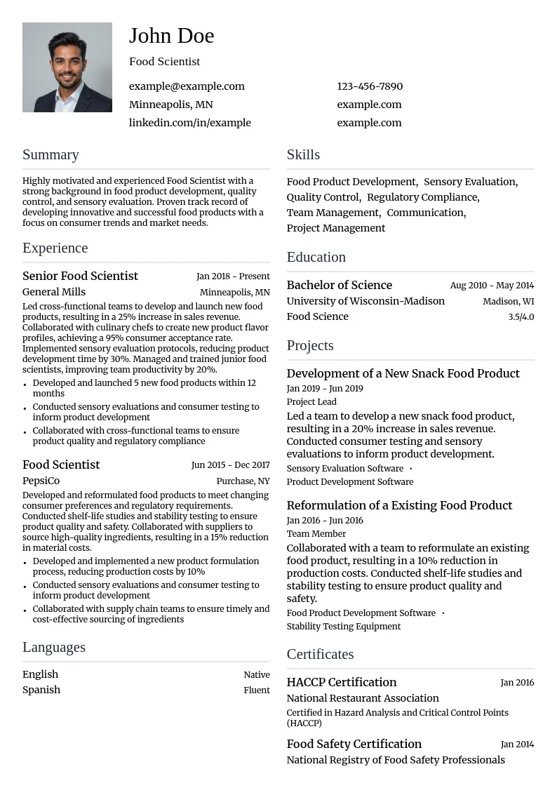 Food Product Development resume example