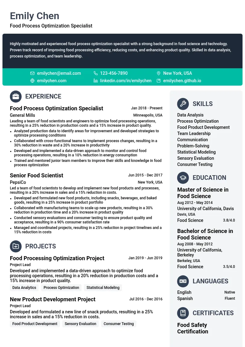 Food Process Optimization resume example