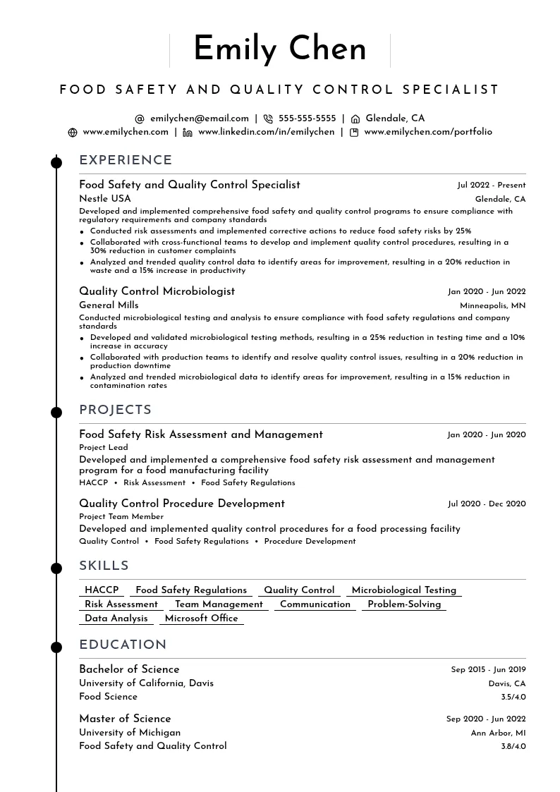 Food Safety and Quality Control resume example