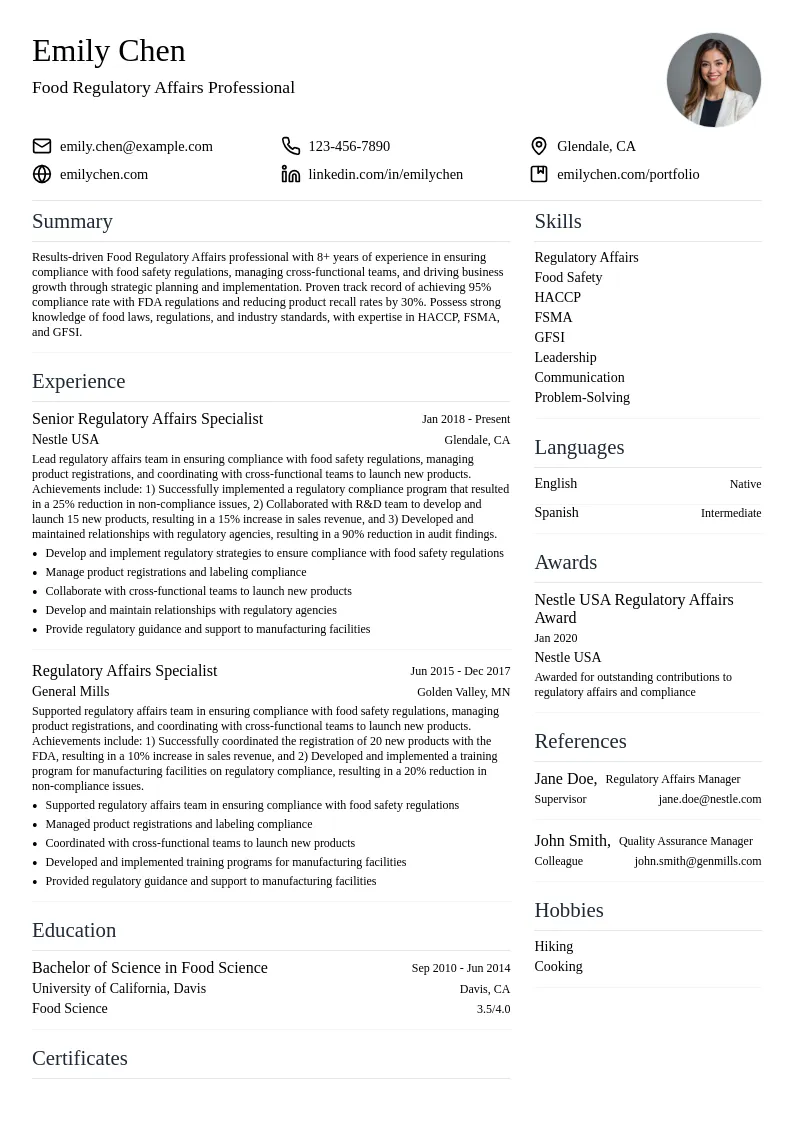 Food Regulatory Affairs resume example