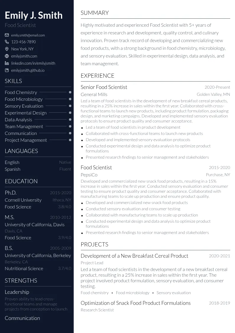 Food Science Research and Development resume example