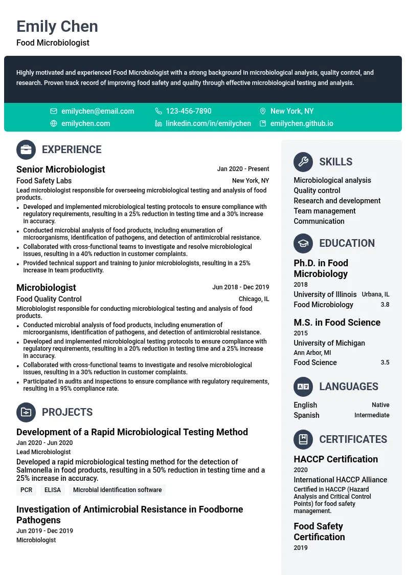 Food Microbiology resume example