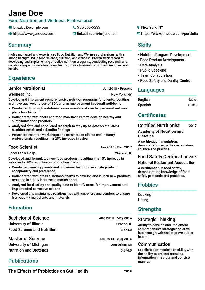 Food Nutrition and Wellness resume example