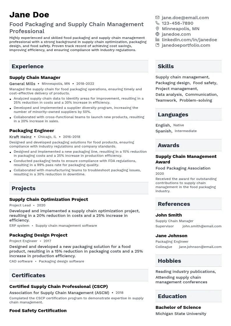 Food Packaging and Supply Chain Management resume example