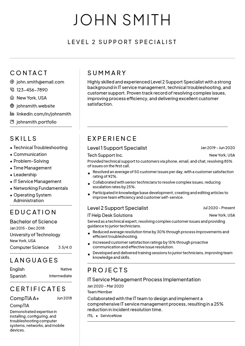 Level 2 Support Specialist resume example