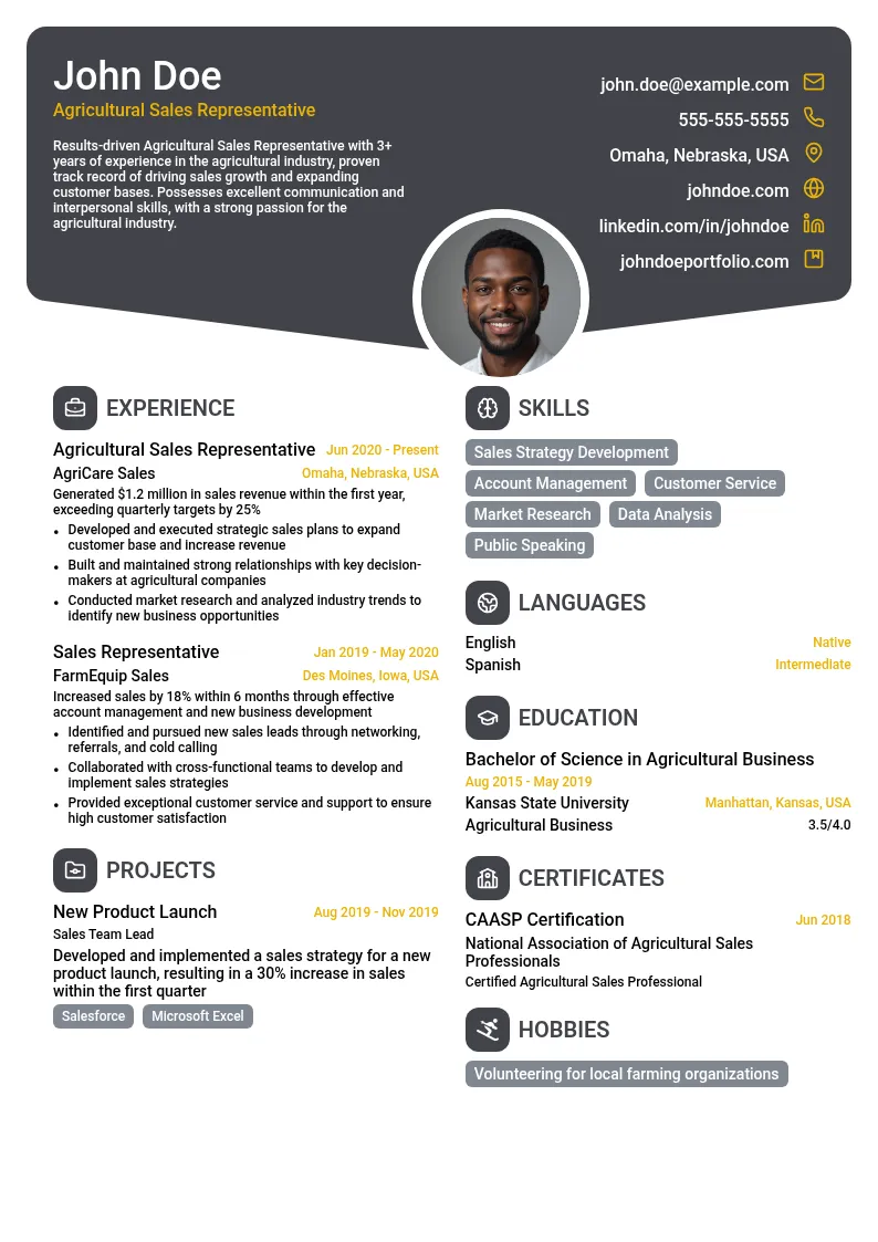 Agricultural Sales Representative resume example