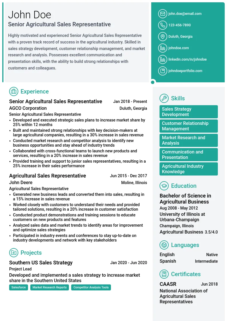 Senior Agricultural Sales Representative resume example