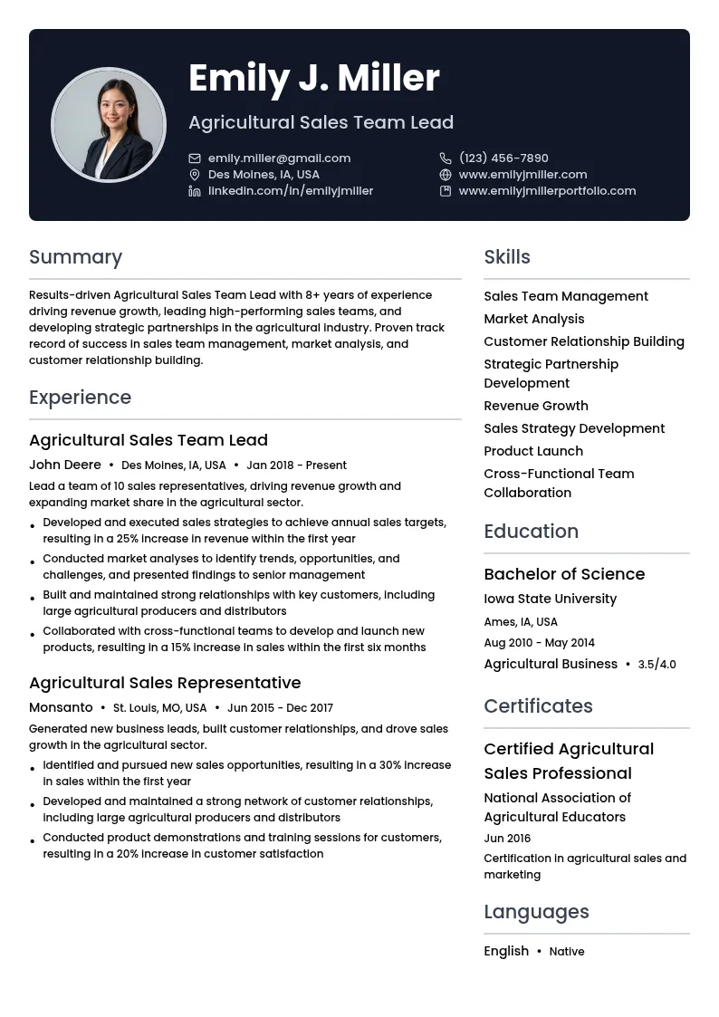 Agricultural Sales Team Lead resume example