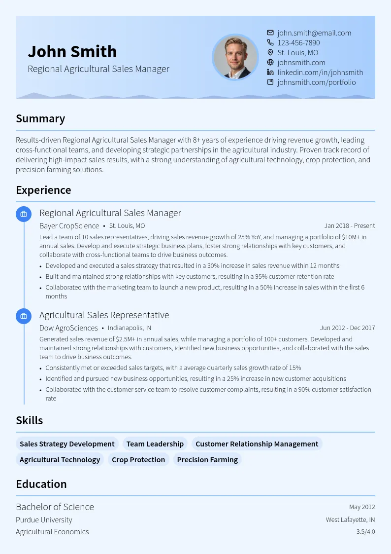 Regional Agricultural Sales Manager resume example