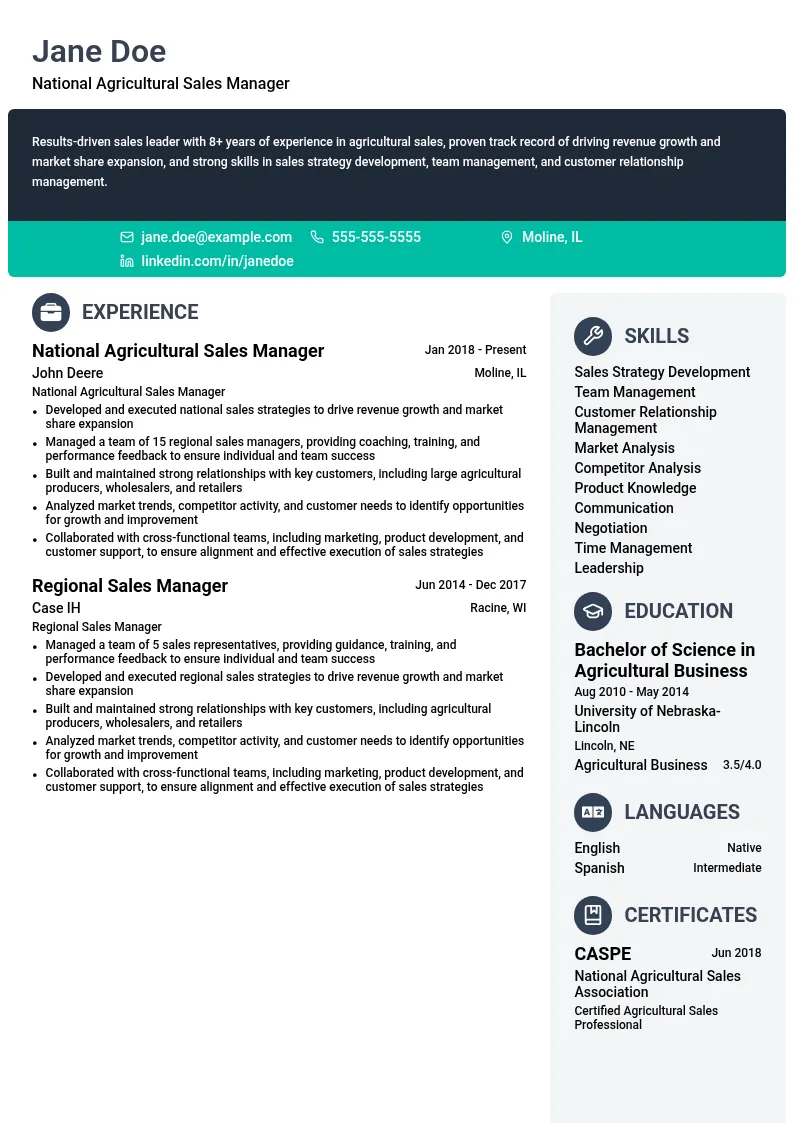 National Agricultural Sales Manager resume example
