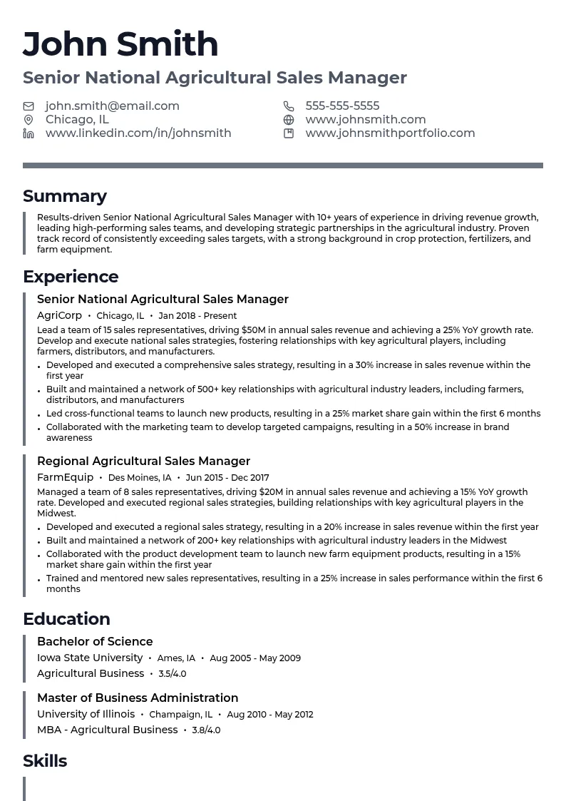 Senior National Agricultural Sales Manager resume example