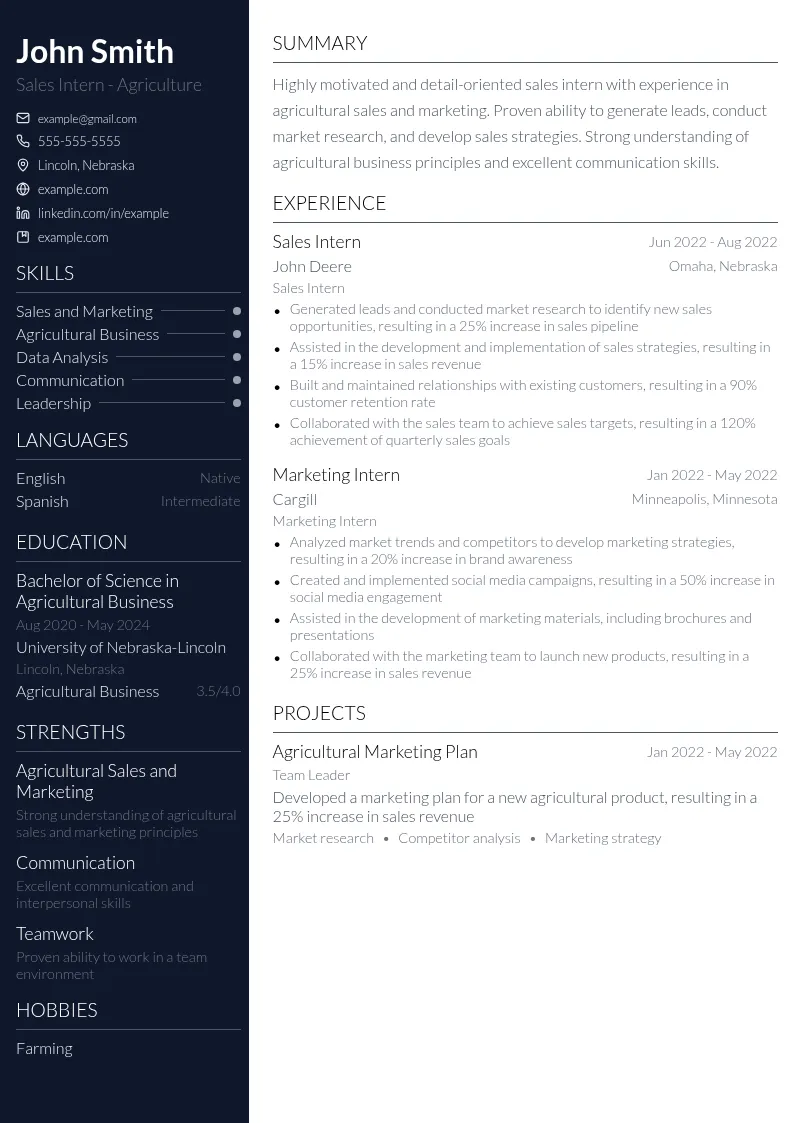 Sales Intern - Agriculture resume example