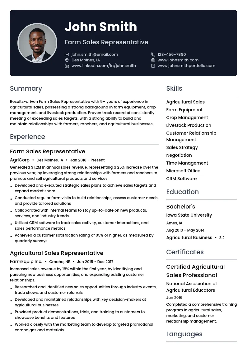 Farm Sales Representative resume example