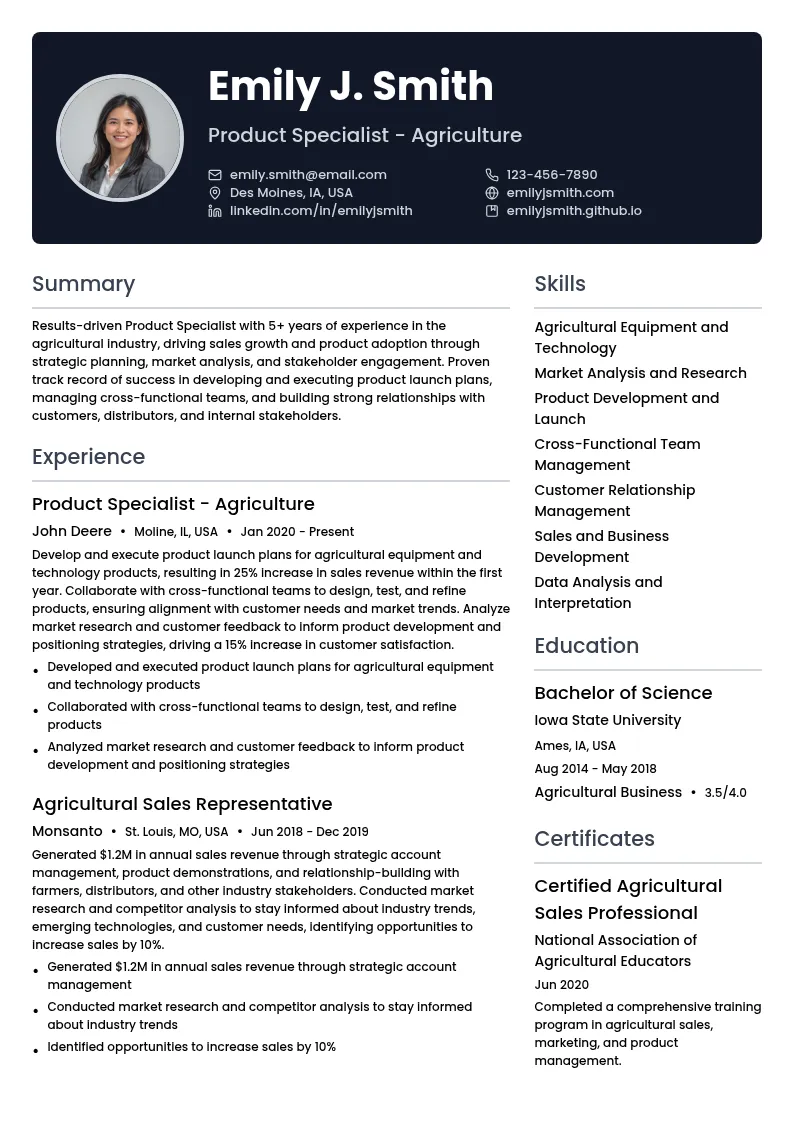 Product Specialist - Agriculture resume example