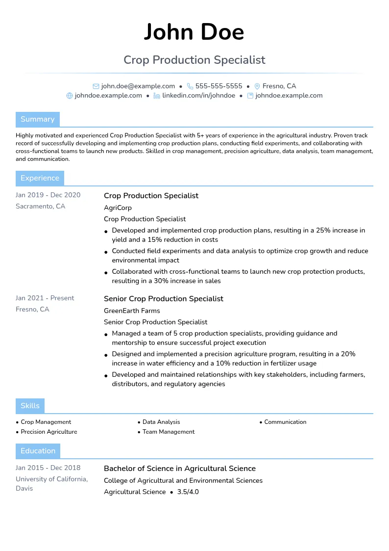 Crop Production Specialist resume example