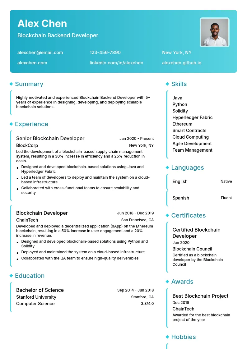 Blockchain Backend Developer resume example