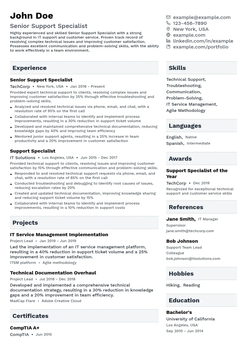Senior Support Specialist resume example