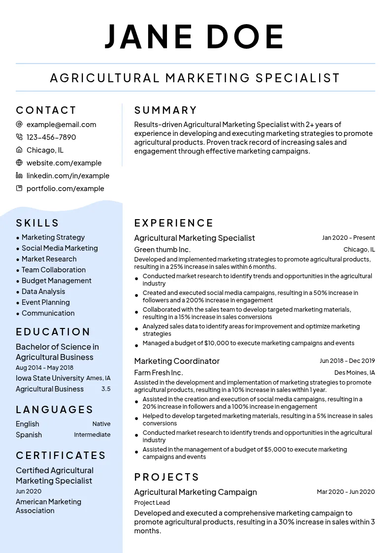 Agricultural Marketing Specialist resume example
