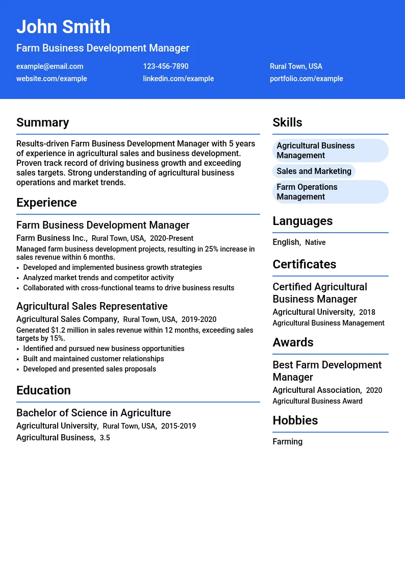 Farm Business Development Manager resume example