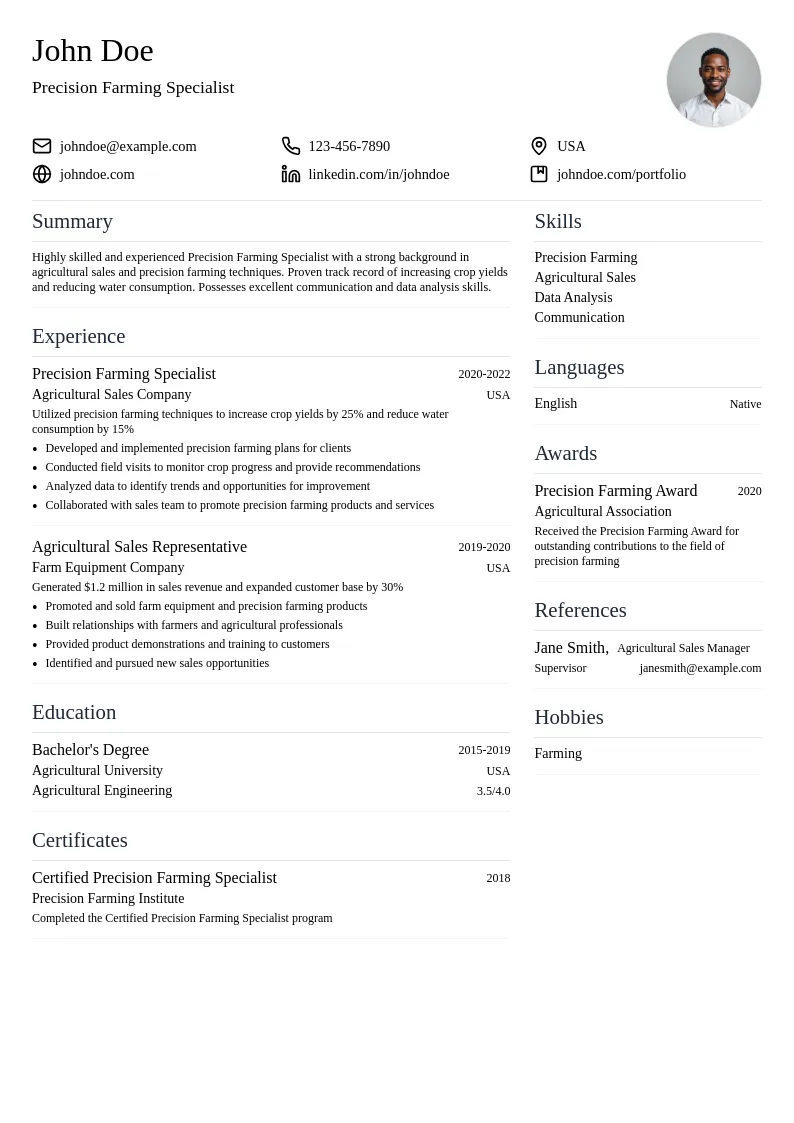 Precision Farming Specialist resume example