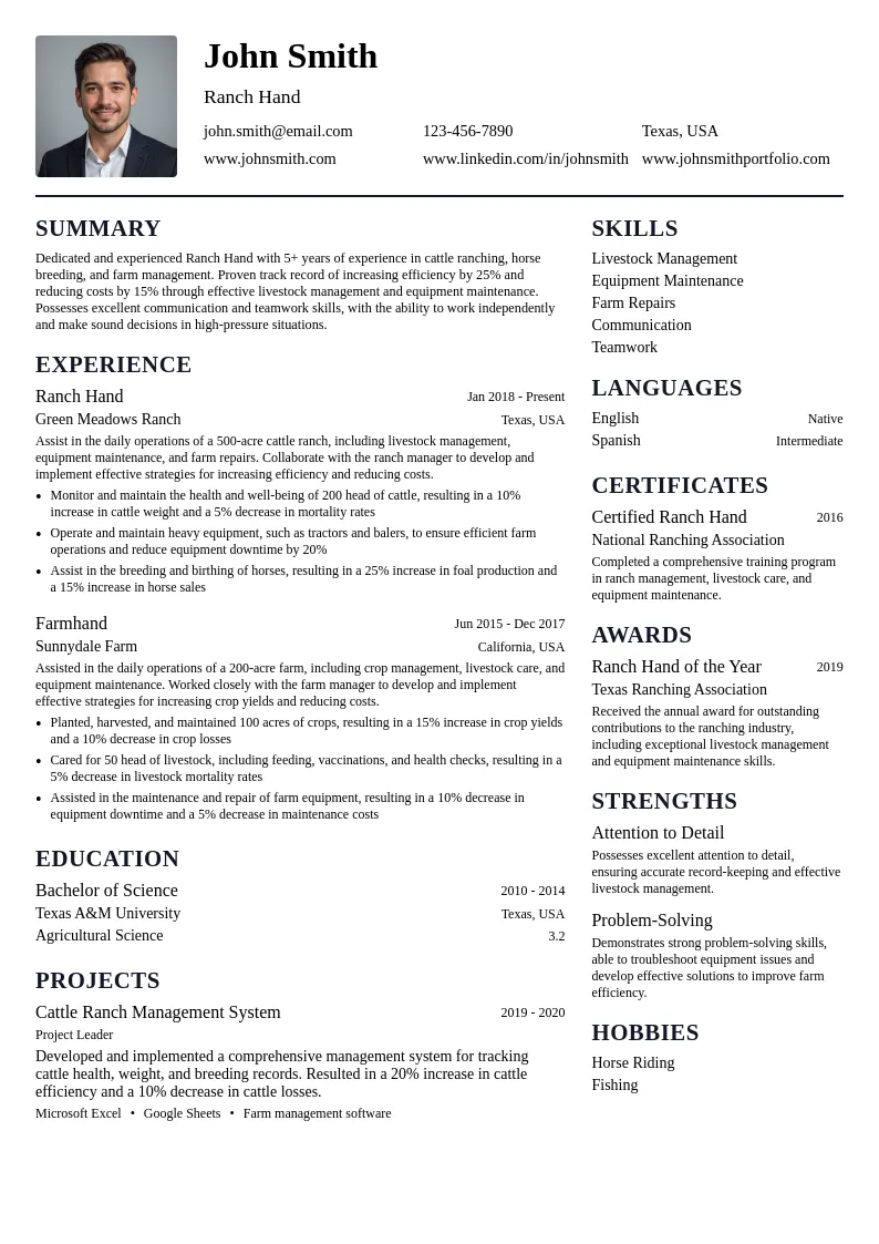 Ranch Hand resume example