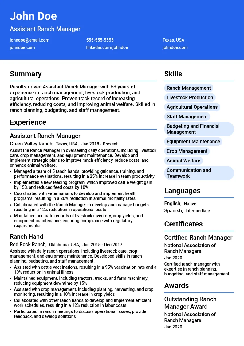 Assistant Ranch Manager resume example