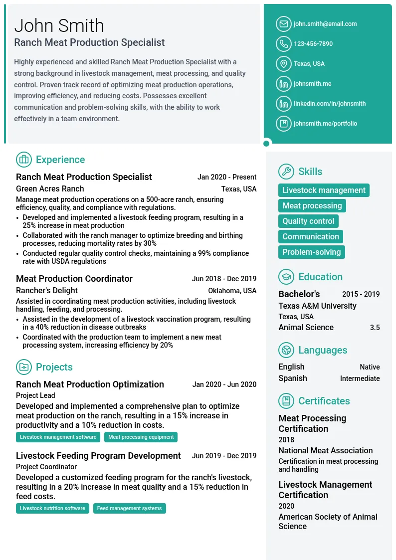 Ranch Meat Production Specialist resume example