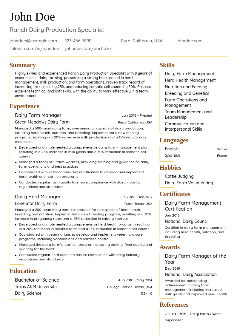 Ranch Dairy Production Specialist resume example