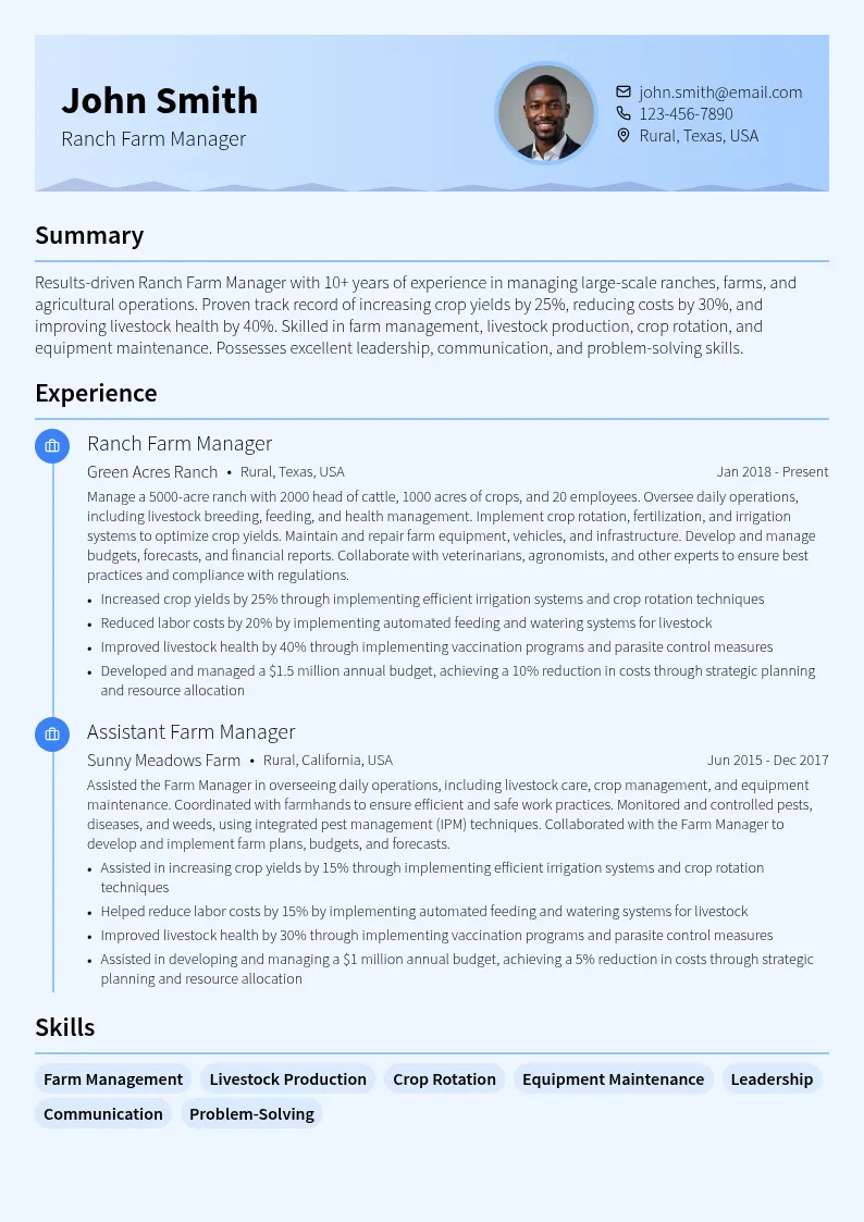 Ranch Farm Manager resume example