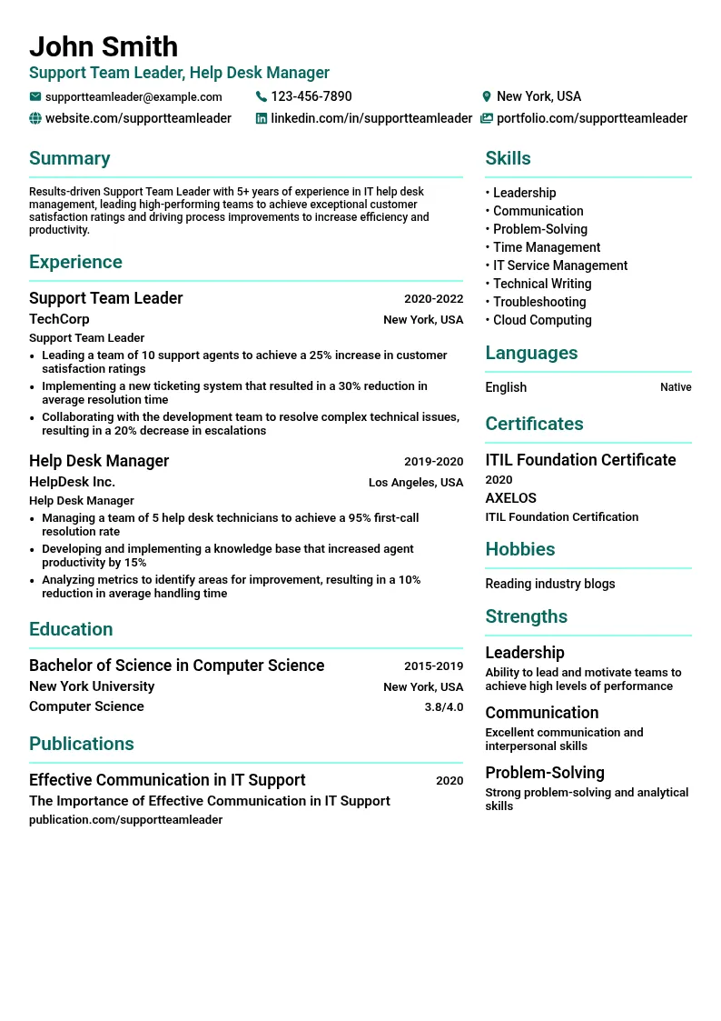 Support Team Leader, Help Desk Manager resume example